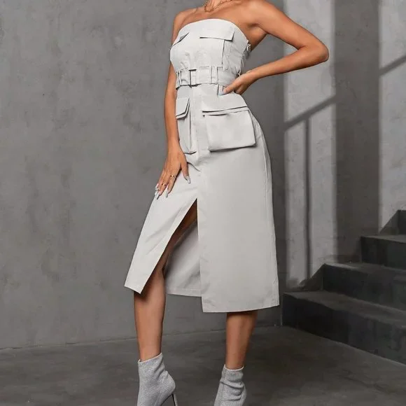 Casual Flap Pocket Split Thigh Belted Tube Dress light Grey - Picture 3 of 5